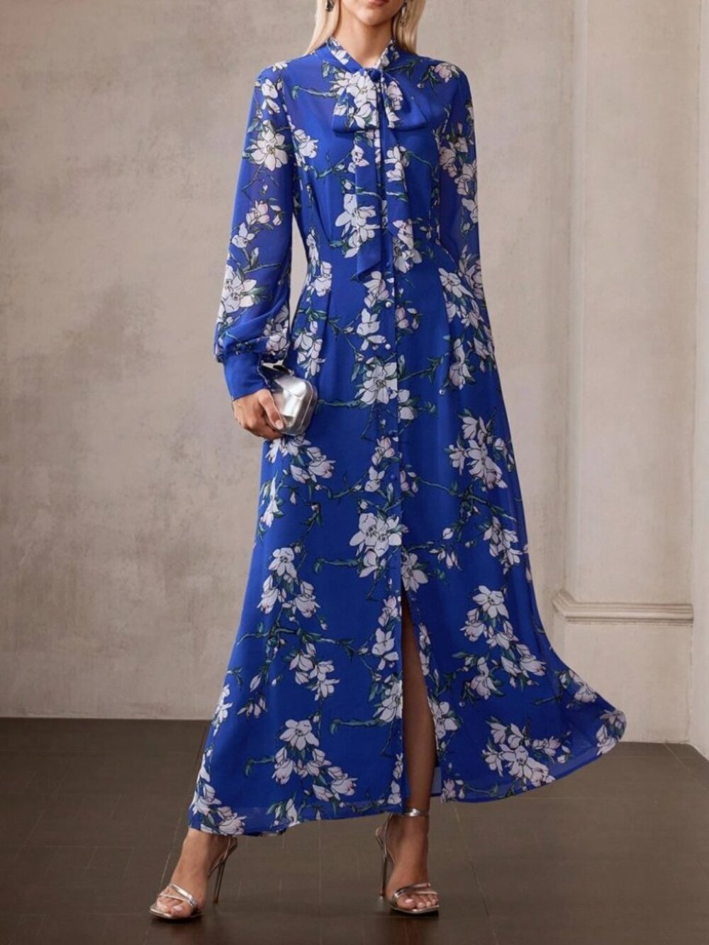 Blue / White Floral Print Chiffon Tie Neck Button Front Slit Maxi Dress